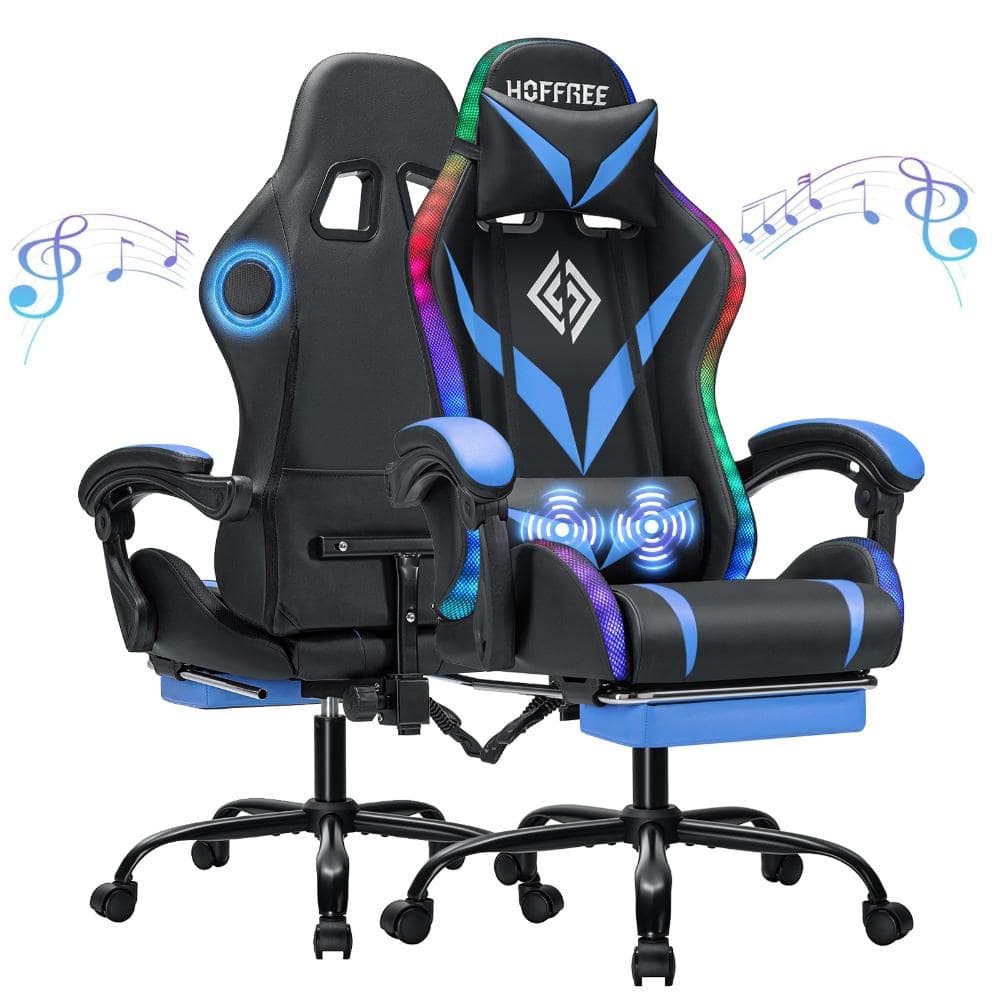 Faux Leather Massage LED Gaming Chair with Bluetooth Speaker in Black and Blue with Footrest Headrest Lumbar Support