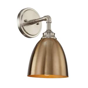 Versailles 8 in. 1-Light Vanity Lightin in Satin Nickel with Painted Gold Metal Shade Wall Sconces