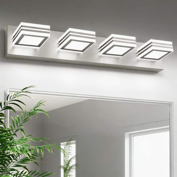 25.6 in. 4-Light Nickel Bathroom LED Vanity Light with Dimmable 5500K Light
