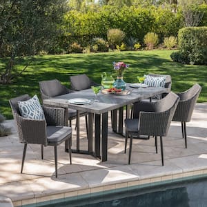 Zander Grey 7-Piece Faux Rattan Rectangular Outdoor Dining Set with Grey Cushions