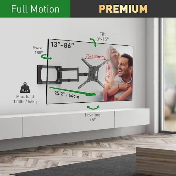 Barkan 13 - 80 inch Full Motion - 4 Movement Flat / Curved TV Wall Mount Black Extremely Extendable Very Low Profile