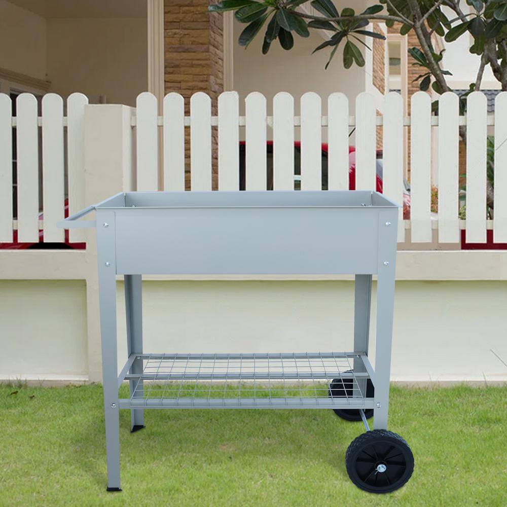 Gray Metal Rectangular Raised Garden Bed Cart with Wheels