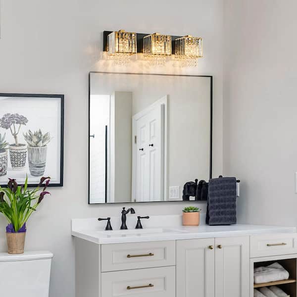 Schonbek 23.62 in. 3-Light Modern Black and Gold Crystal Vanity Light for Bathroom with Crystal Beads