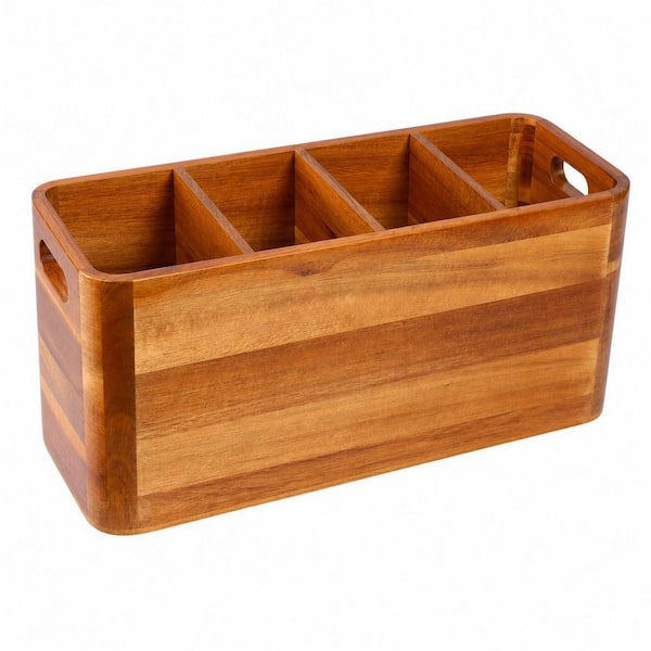 Extra Large Acacia Rustic Wood Kitchen Utensil Holder Organizer with 4 Compartment for Counter or Countertop, Natural
