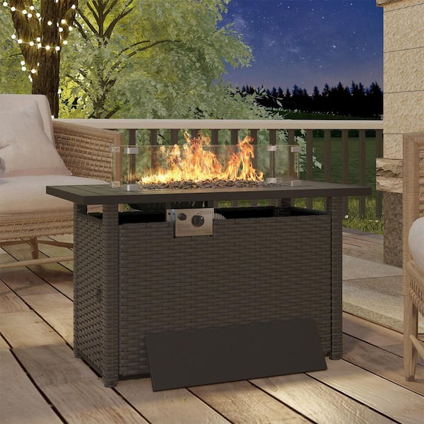 Sizzim Black 44 in. Wicker Rectangular Propane Gas Fire Pit Table with Lid, Fire Glass Beads, and Waterproof Cover