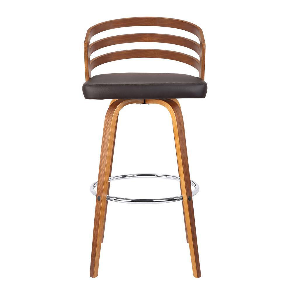 Mid-Century Walnut Swivel Stool with Brown Faux Leather