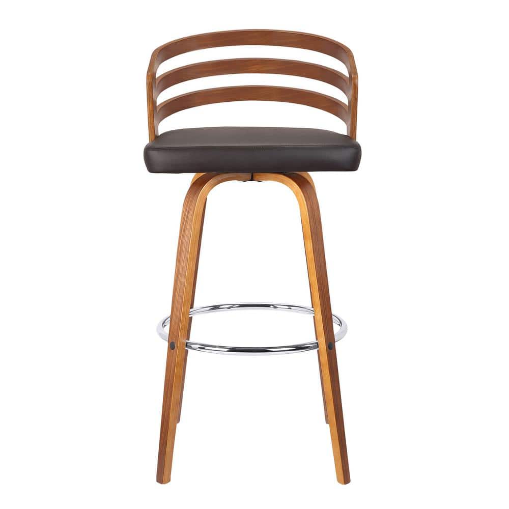 Jayden 30 in. Brown Faux Leather with Walnut Veneer Mid-Century Swivel Bar 