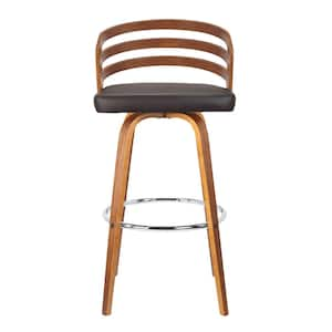 Jayden 30 in. Brown Faux Leather with Walnut Veneer Mid-Century Swivel Bar Height Bar Stool