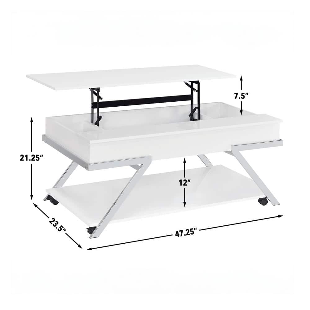 White Metal and Wood Lift-Top Coffee Table with Storage