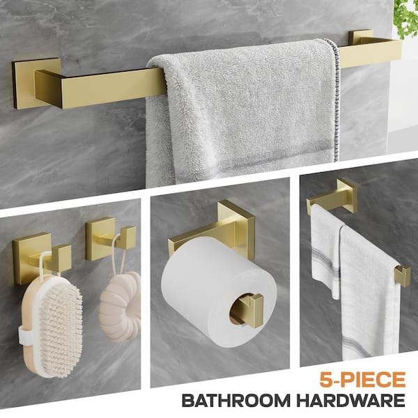 5-Piece Bath Hardware Set with Towel Bar Hand Towel Holder Toilet Paper Holder Towel Hook Modern Square in Brushed Gold