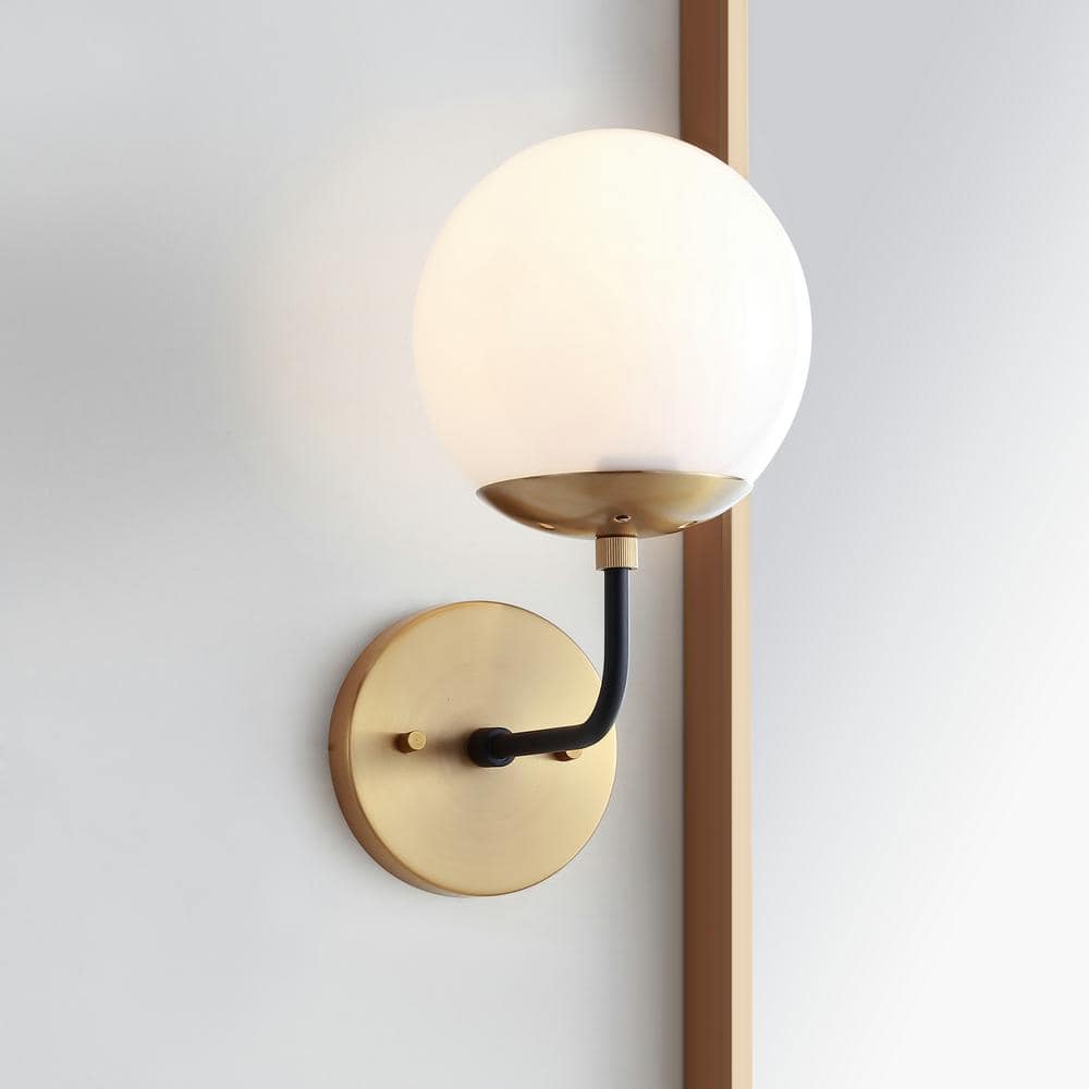 Contemporary 8'' Black and Gold Direct Wired Sconce with White Glass Globe