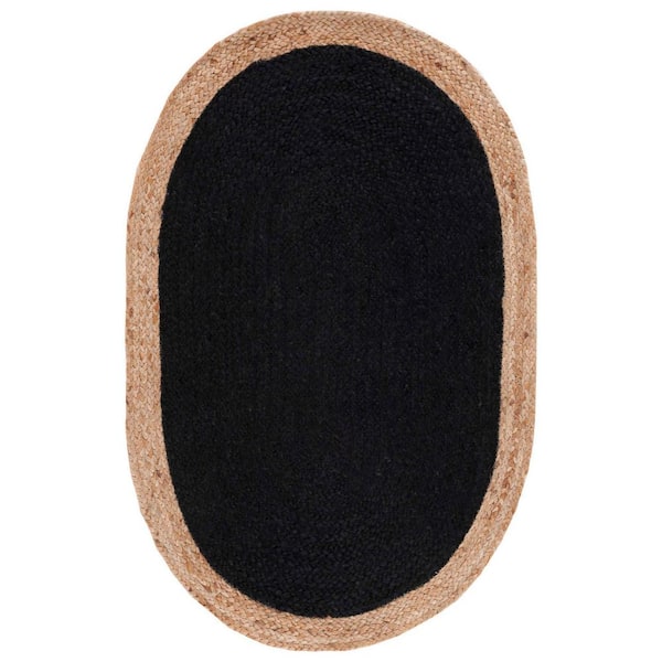 SAFAVIEH Natural Fiber Black/Beige Doormat 3 ft. x 4 ft. Woven Ascending Oval Area Rug