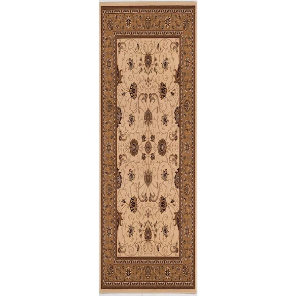 2 ft. x 9 ft. Tan, Blue Oriental Washable Area Rug