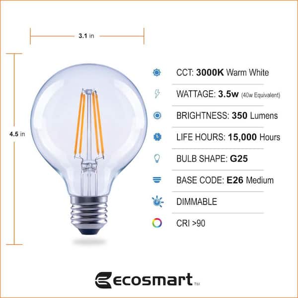 EcoSmart 40-Watt Equivalent G25 Dimmable ENERGY STAR Clear Glass