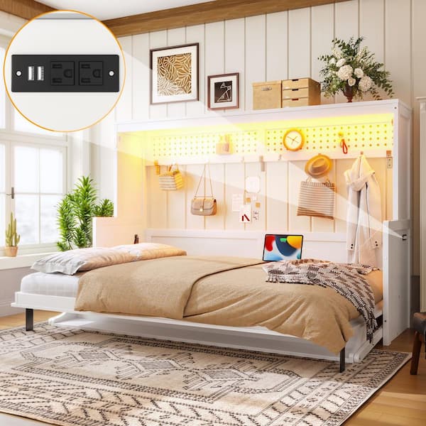 White Wood Frame Full Size Murphy Bed with a Desk, USB Charging Station, LED Lights