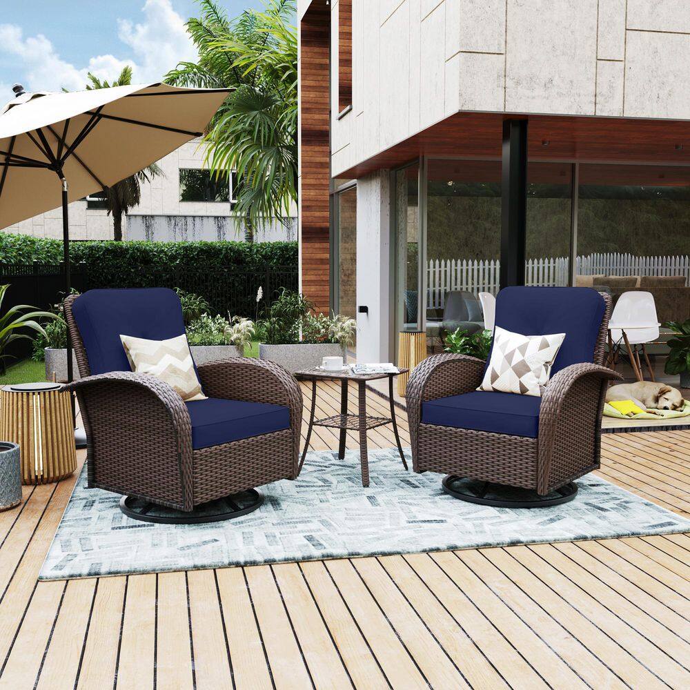 3-Piece Brown Wicker Outdoor Rocking Chairs with Navyblue Cushions price history on PriceWatchPro