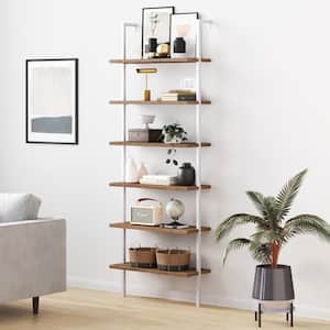 Theo Rustic Oak Wood 6-Shelf Tall Ladder Bookcase Wall Mount Bookshelf Matte White Metal Frame