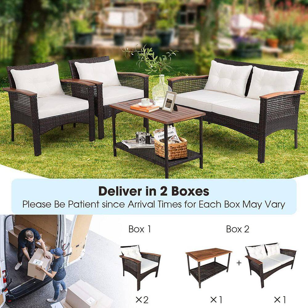 4-Piece Brown Steel Patio Conversation Set with White Cushions