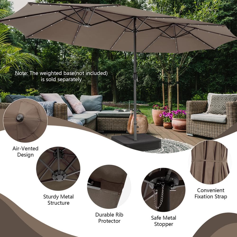 15ft Coffee Double-Sided Steel Market Patio Umbrella with Solar LED Lights