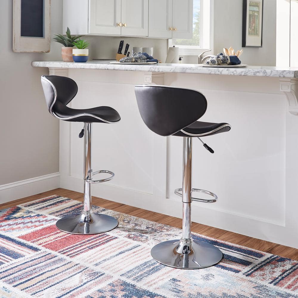 Adjustable Swivel Bar Stool in Black Faux Leather and Chrome