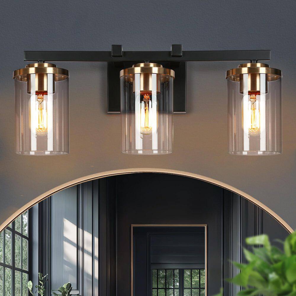 20 in. Modern 3-Light Black Vanity Light, Transitional Brass Gold Bathroom Wall Light with Clear Glass Shade, Bath Light price history on PriceWatchPro