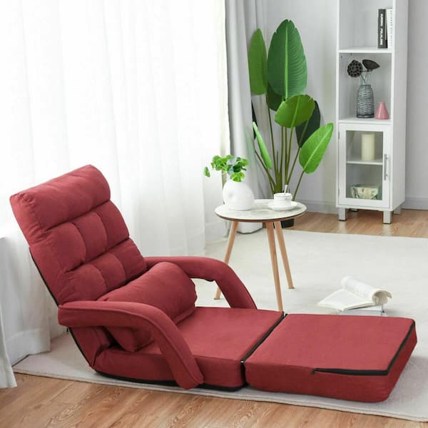 Folding Lazy Sofa Floor Chair Sofa Lounger Bed with Armrests and a Pillow Red 