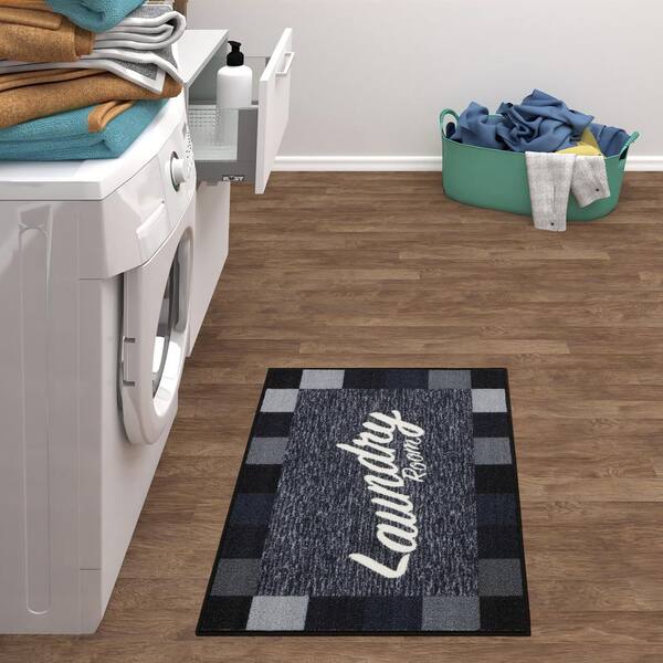 Ottomanson Laundry Non-Slip Rubberback Checkered Border 2x5 Laundry Room Runner Rug, 20 inch x 59 inch, Black