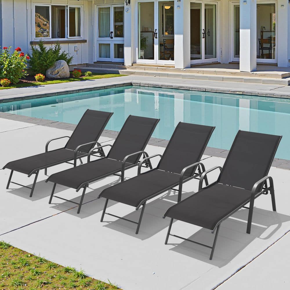 Gray 4-Piece Aluminum Metal Patio Outdoor Chaise Lounge Chairs in Black with Adjustable Back price history on PriceWatchPro
