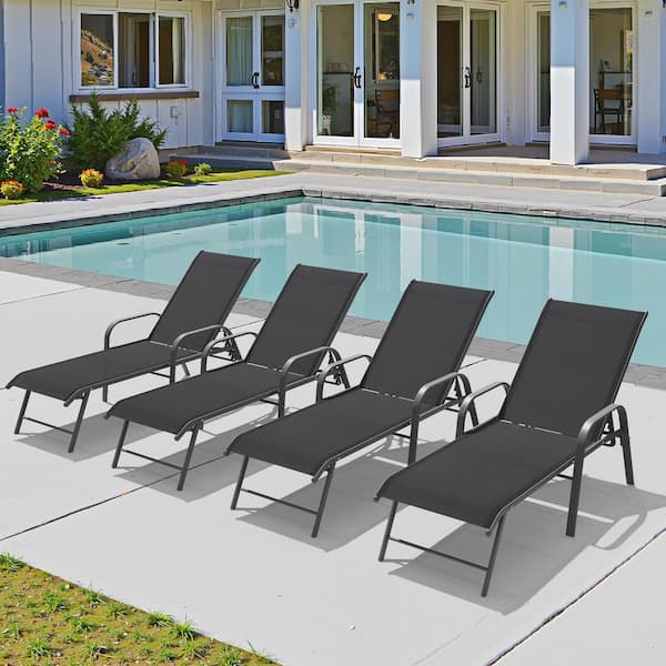 Pellebant Gray 4-Piece Aluminum Metal Patio Outdoor Chaise Lounge Chairs in Black with Adjustable Back