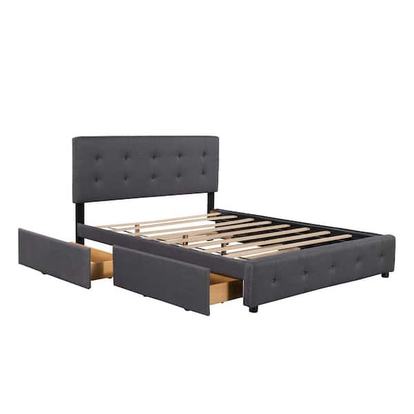 Dark Gray Wood Frame Queen Upholstered Platform Bed with 2-Drawers and 1-Twin XL Trundle