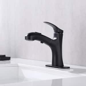 Single-Handle Single-Hole Pull Out Sprayer Bahtroom Faucet with Deckplate and Supply Lines included in Matte Black
