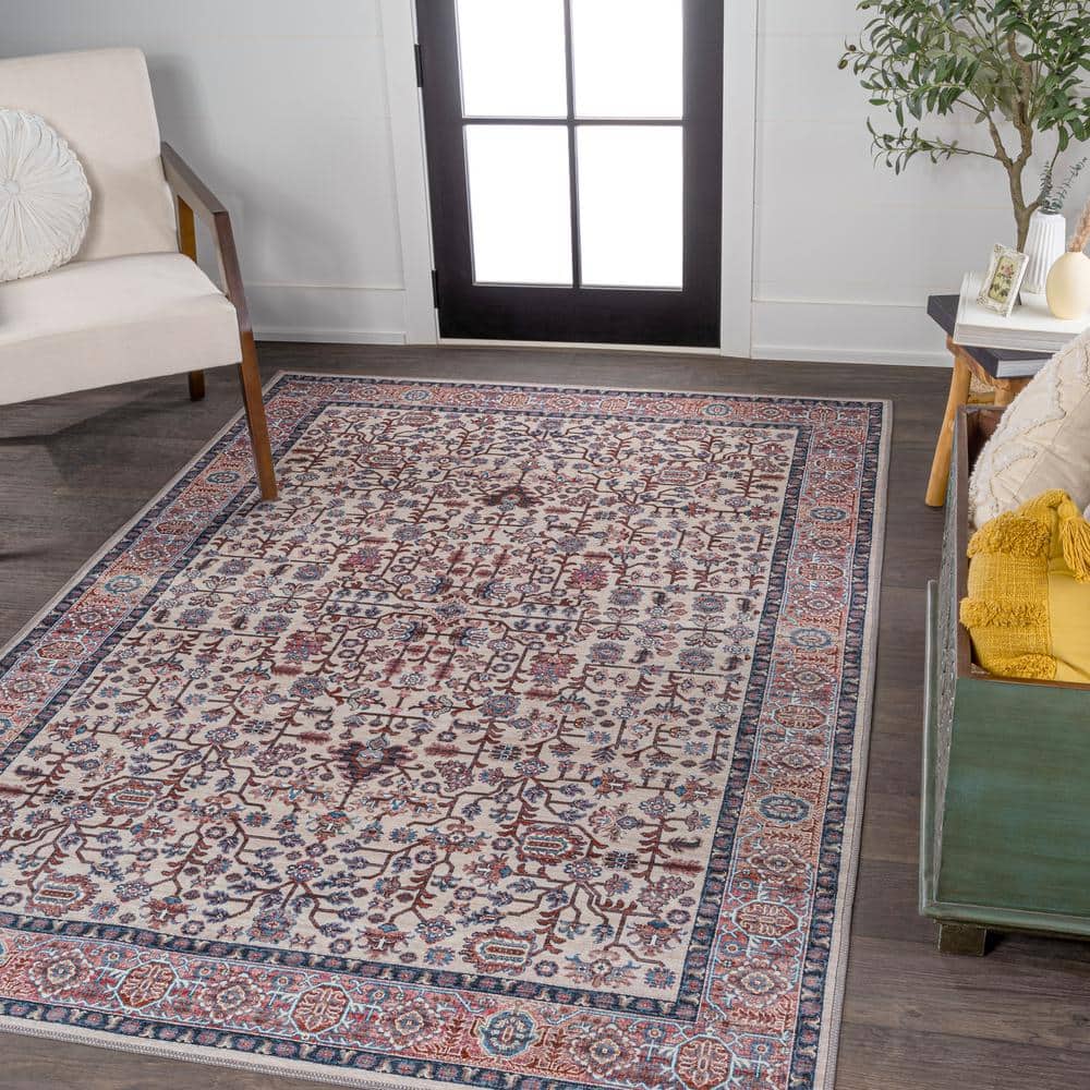 Kemer Persian Washable Chenille Beige/Red/Blue 3 ft. x 5 ft. Area Rug