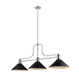 Melange 3-Light Chrome Billiard Light with Metal Matte Black Shade Island or with No Bulbs Included