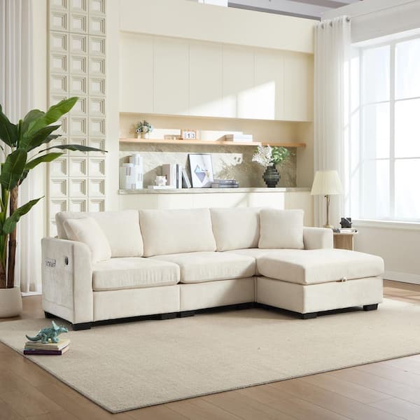 Udele 97.24 in. Chenille L Shape Sectional Sofa in. Beige with Dual USB, Side Pockets, Storage Ottoman, Pillows