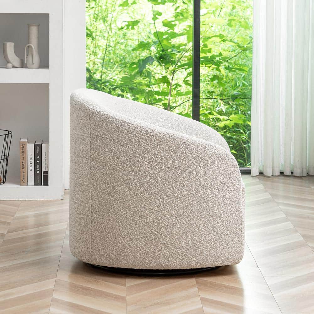 White Boucle Upholstered Swivel Barrel Accent Chair