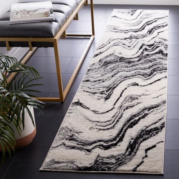 Tulum 2 ft. x 9 ft. Ivory/Black Wavy Abstract Runner Rug