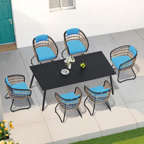 Crestlive Products 7-Piece Metal 82.5 in. Outdoor Dining Set with Rattan Chairs and Blue Cushions