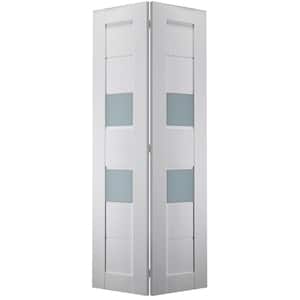 Dessa 36 in. x 79.375 in. Frosted Glass Solid Composite Core 2-Lite Bianco Noble Finished Wood Bifold Door with Hardware