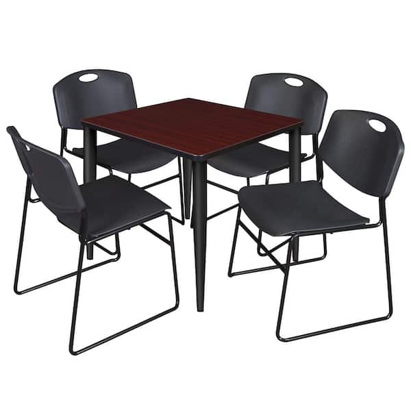 Regency Trueno 30 in. Square Mahogany & Black Wood Breakroom Table & 4 Black Zeng Stack Chairs, Seats 4
