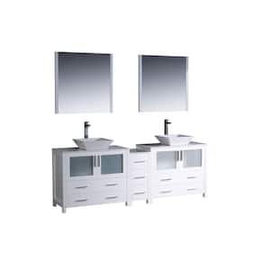 Torino 84 in. Double Vanity in White with Glass Stone Vanity Top in White with White Basins and Mirrors