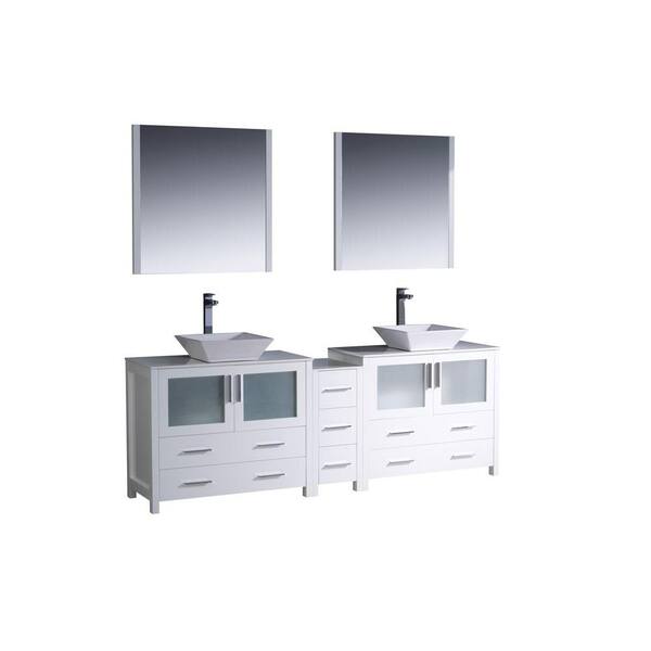 Fresca Torino 84 in. Double Vanity in White with Glass Stone Vanity Top in White with White Basins and Mirrors