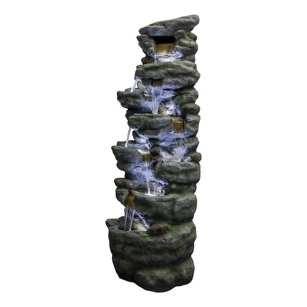 51in. H Resin Multi-Tier Cascading Rock Tiered Fountain with LED Lights, Water Feature for Garden, Yard, and Deck