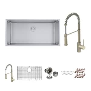 Bryn Stainless Steel 16-Gauge 36 in. Single Bowl Undermount Kitchen Sink with Modern Faucet, Bottom Grid, Drain