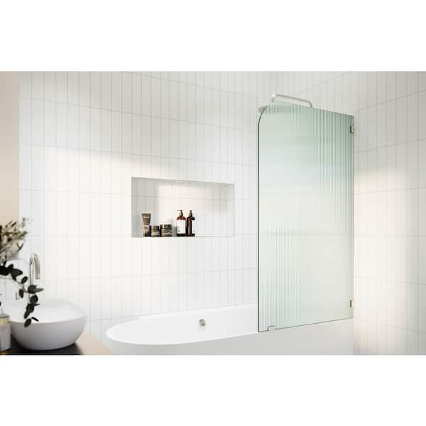 Aurora 34 in. W x 58.25 in. H Right-Hand Single Fixed Frameless Radius Tub Door Polished Nickel with Fluted Glass