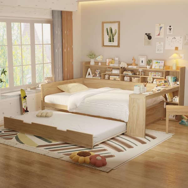 Harper & Bright Designs Natural Full Size Multi-functional Wood Daybed with Study Desk and Twin Size Trundle Bed