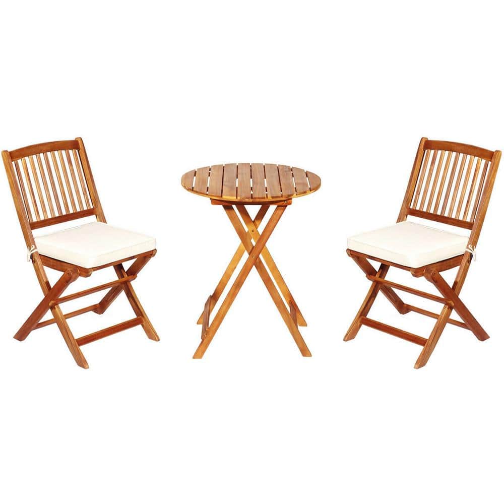 3-Piece Natural Wood Folding Outdoor Bistro Set with Off White Cushions price history on PriceWatchPro