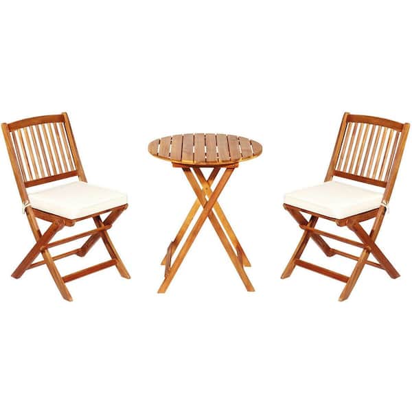 ANGELES HOME 3-Piece Natural Wood Folding Outdoor Bistro Set with Off White Cushions