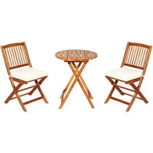 3-Piece Natural Wood Folding Outdoor Bistro Set with Off White Cushions