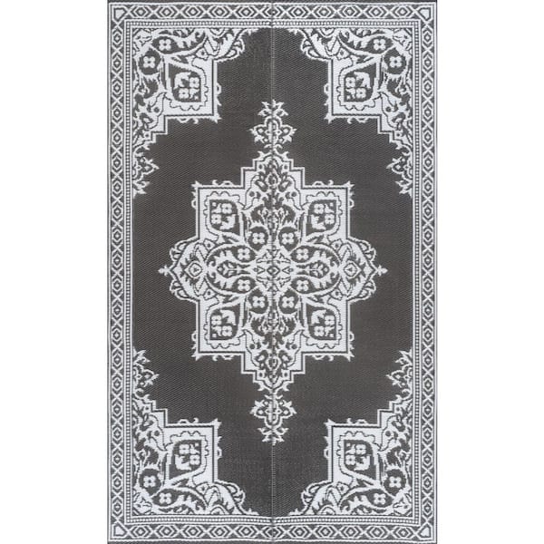 Dory Medallion Border Foldable Waterproof Reversible Plastic Straw Gray/White 9 ft. x 12 ft. Outdoor Area Rug