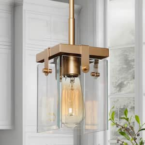 Modern Gold Island Pendant Light, 1-Light Square Bell Pendant Light with Clear Glass Shade